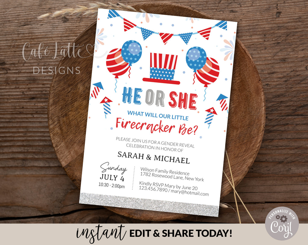Fourth of July gender reveal invitation editable template, Printable summer He or She baby reveal invitation, Personalized custom invite for Independence Day, Little firecracker invitation card, 4th of July USA Digital invitation email text message