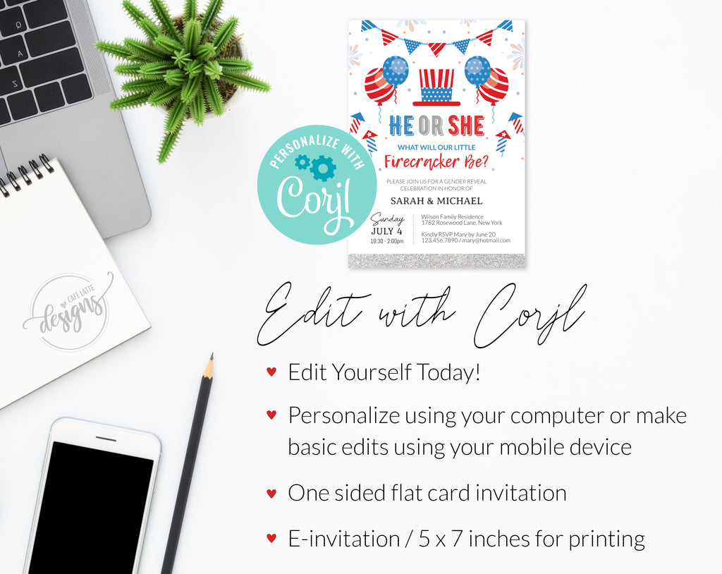 Fourth of July gender reveal invitation editable template, Printable summer He or She baby reveal invitation, Personalized custom invite for Independence Day, Little firecracker invitation card, 4th of July USA Digital invitation email text message