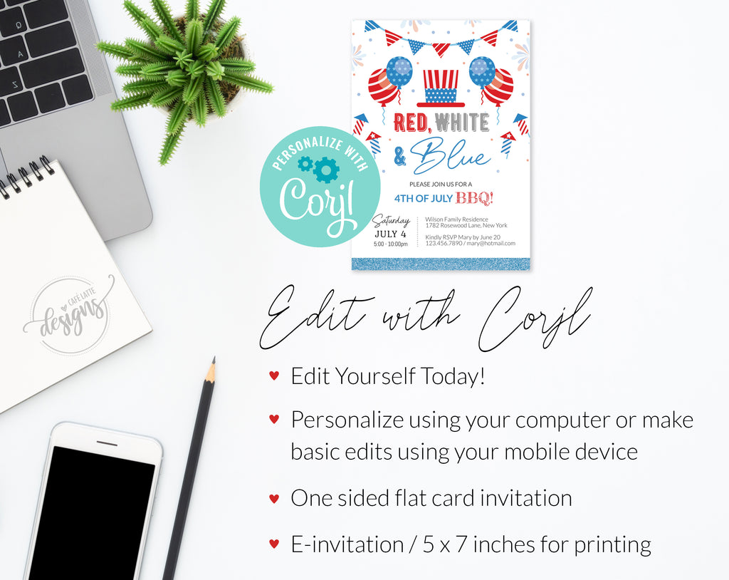 Fourth of July invitation editable template, Printable summer BBQ invitation, Personalized custom invite for Independence Day, Red white and blue invitation card, Party in the USA Digital invitation email text message, 4th of July Pool Party, DIY