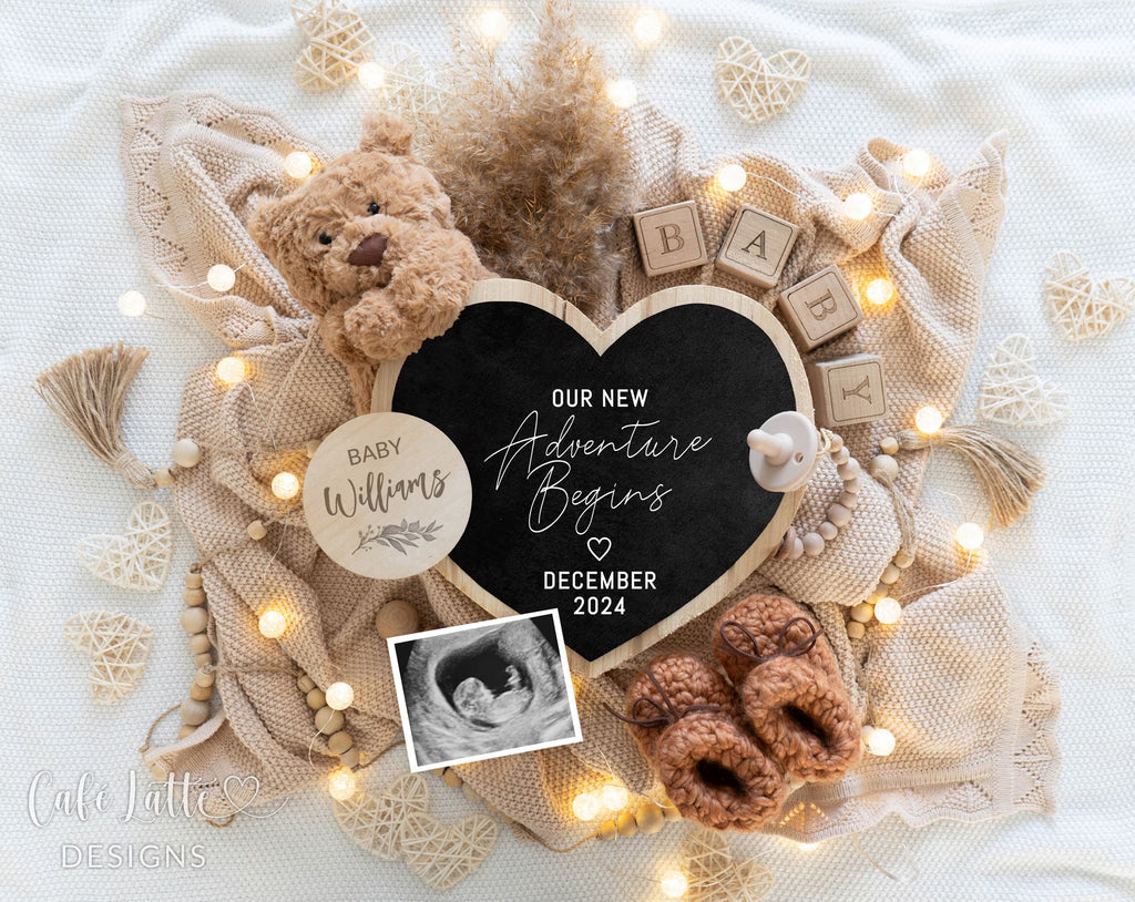 Pregnancy announcement digital, Pregnancy announcement to husband, Pregnancy announcement template, Pregnancy announcement grandparents, Pregnancy reveal, Pregnancy announcement gift, Neutral bear pampas heart board, Our New Adventure Begins