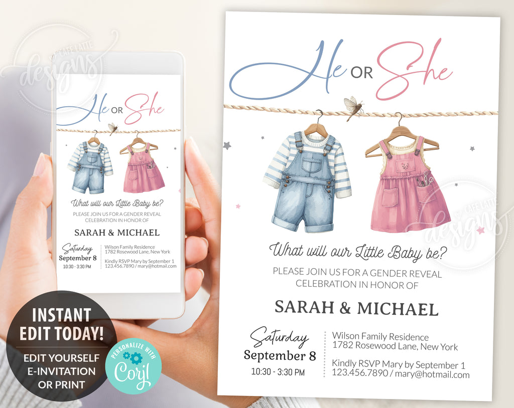 Gender reveal invitation, Baby clothes vintage clothesline boy girl gender reveal invite editable template DIY, He or She, Boy or Girl, Pink or blue Summer fall autumn baby reveal, printable invitation, email, gender reveal text message invite
