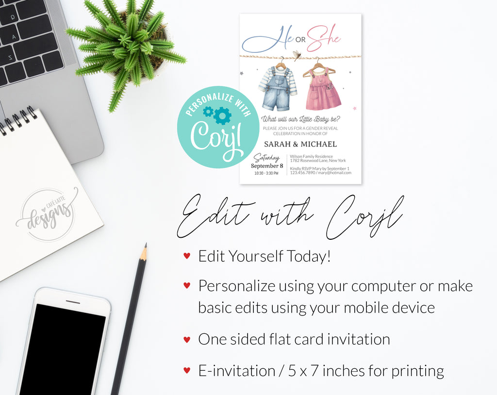 Gender reveal invitation, Baby clothes vintage clothesline boy girl gender reveal invite editable template DIY, He or She, Boy or Girl, Pink or blue Summer fall autumn baby reveal, printable invitation, email, gender reveal text message invite