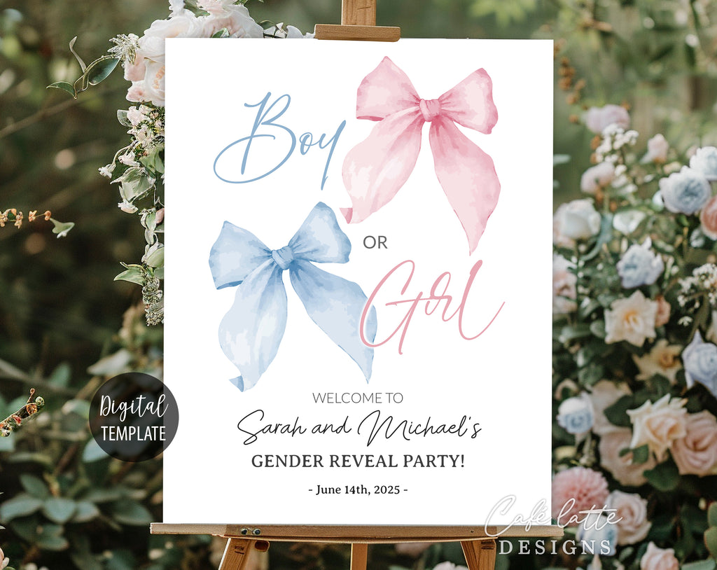Gender Reveal Welcome Sign Editable Template, Boy or Girl Gender Reveal Party Welcome Sign Poster Printable, Blue and Pink watercolor bows gender reveal digital template Corjl DIY, He or she welcome sign instant download