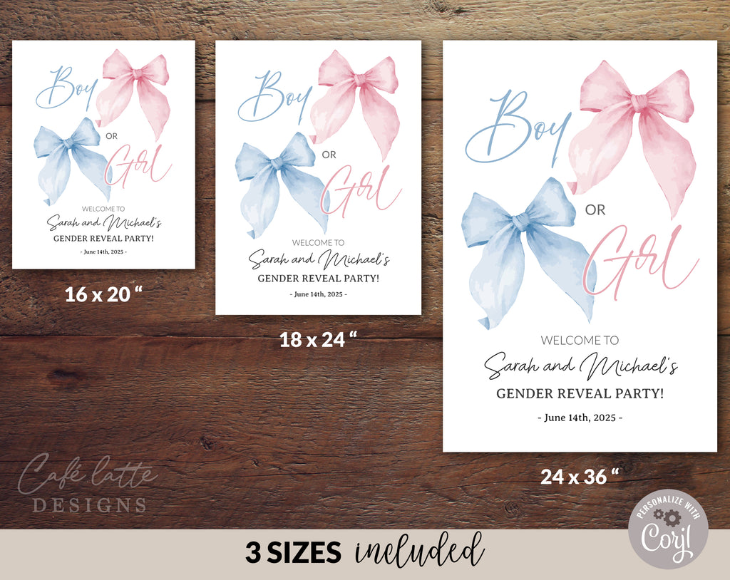 Gender Reveal Welcome Sign Editable Template, Boy or Girl Gender Reveal Party Welcome Sign Poster Printable, Blue and Pink watercolor bows gender reveal digital template Corjl DIY, He or she welcome sign instant download