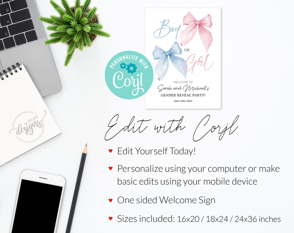 Gender Reveal Welcome Sign Editable Template, Boy or Girl Gender Reveal Party Welcome Sign Poster Printable, Blue and Pink watercolor bows gender reveal digital template Corjl DIY, He or she welcome sign instant download