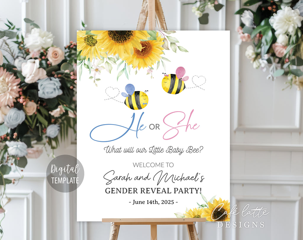 Bee summer gender reveal invitation and welcome sign printable, Little baby bee summer gender reveal invite editable template DIY, He or She, Boy or Girl, Pink and blue baby reveal for June, July and August, printable invitation and welcome sign poster, email, text message summer invite, sunflowers, instant download, cheap gender reveal invitation and welcome sign