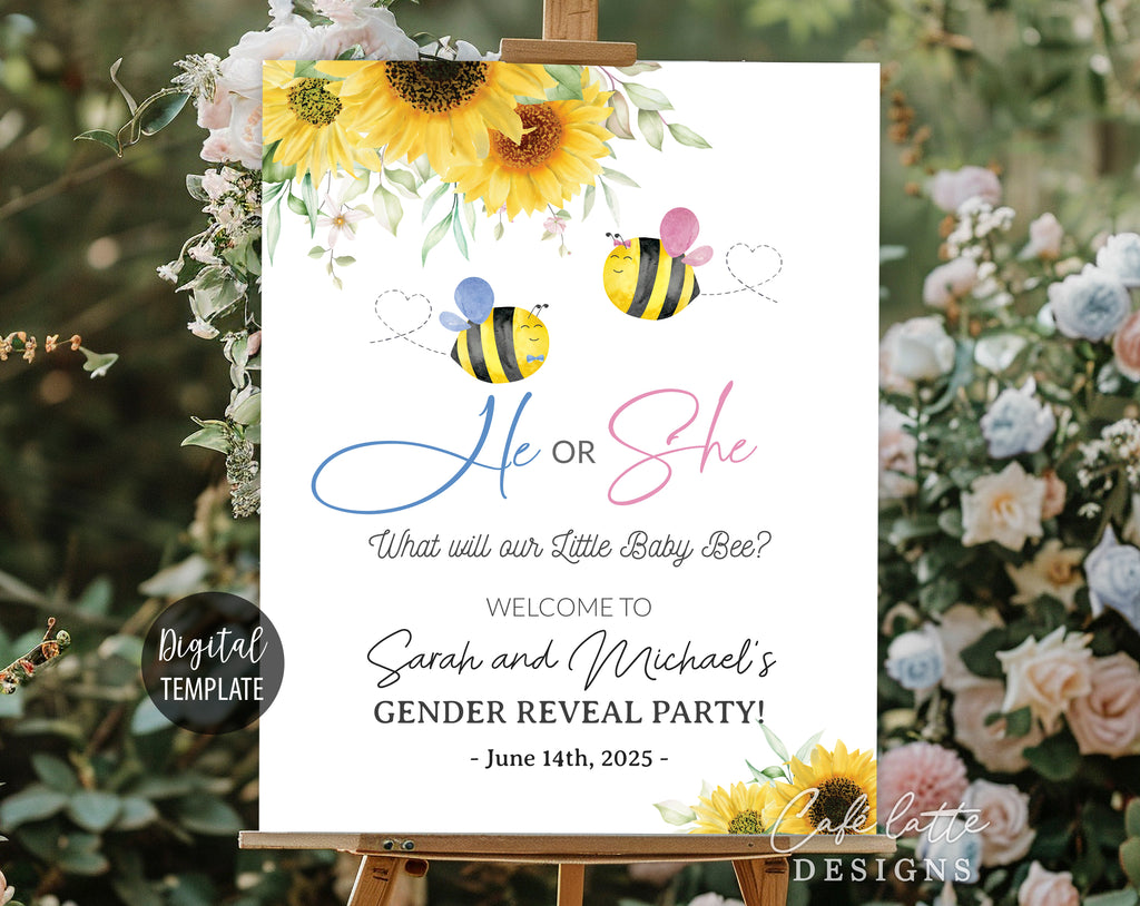 Bee summer gender reveal invitation and welcome sign printable, Little baby bee summer gender reveal invite editable template DIY, He or She, Boy or Girl, Pink and blue baby reveal for June, July and August, printable invitation and welcome sign poster, email, text message summer invite, sunflowers, instant download, cheap gender reveal invitation and welcome sign