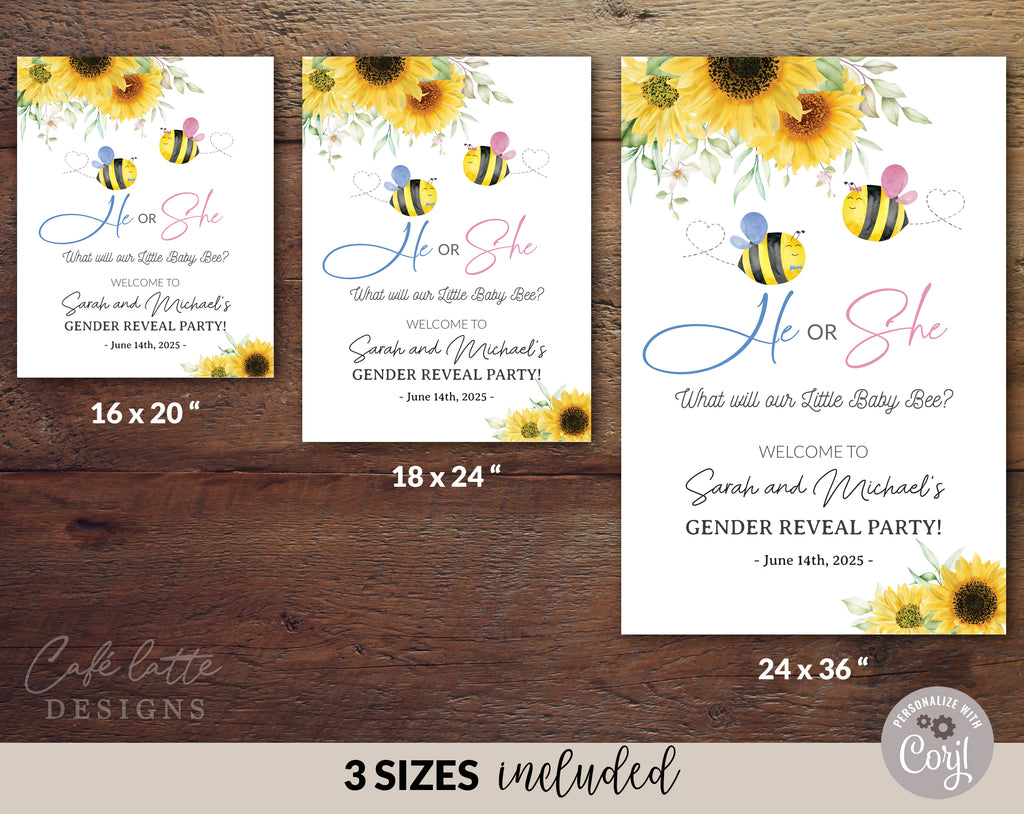 Bee summer gender reveal invitation and welcome sign printable, Little baby bee summer gender reveal invite editable template DIY, He or She, Boy or Girl, Pink and blue baby reveal for June, July and August, printable invitation and welcome sign poster, email, text message summer invite, sunflowers, instant download, cheap gender reveal invitation and welcome sign