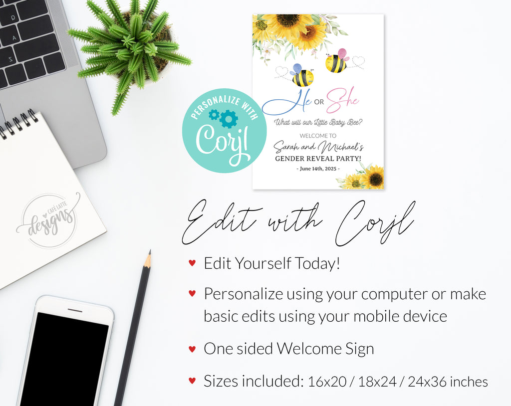 Bee summer gender reveal invitation and welcome sign printable, Little baby bee summer gender reveal invite editable template DIY, He or She, Boy or Girl, Pink and blue baby reveal for June, July and August, printable invitation and welcome sign poster, email, text message summer invite, sunflowers, instant download, cheap gender reveal invitation and welcome sign