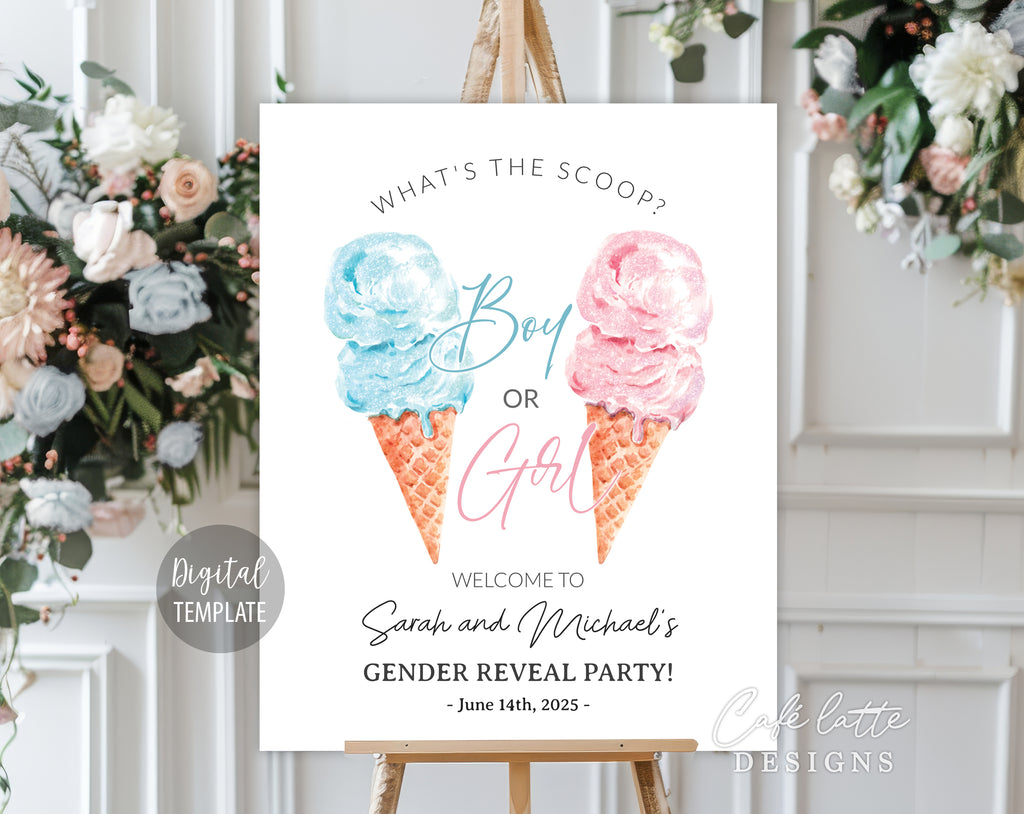 Gender Reveal Digital Invitation and Poster Sign Template Set Combo, Whats The Scoop Boy or Girl Gender Reveal Invite and Welcome Sign, Blue and Pink Glitter Ice Cream Cones Summer Invitation and poster welcome sign DIY instant download