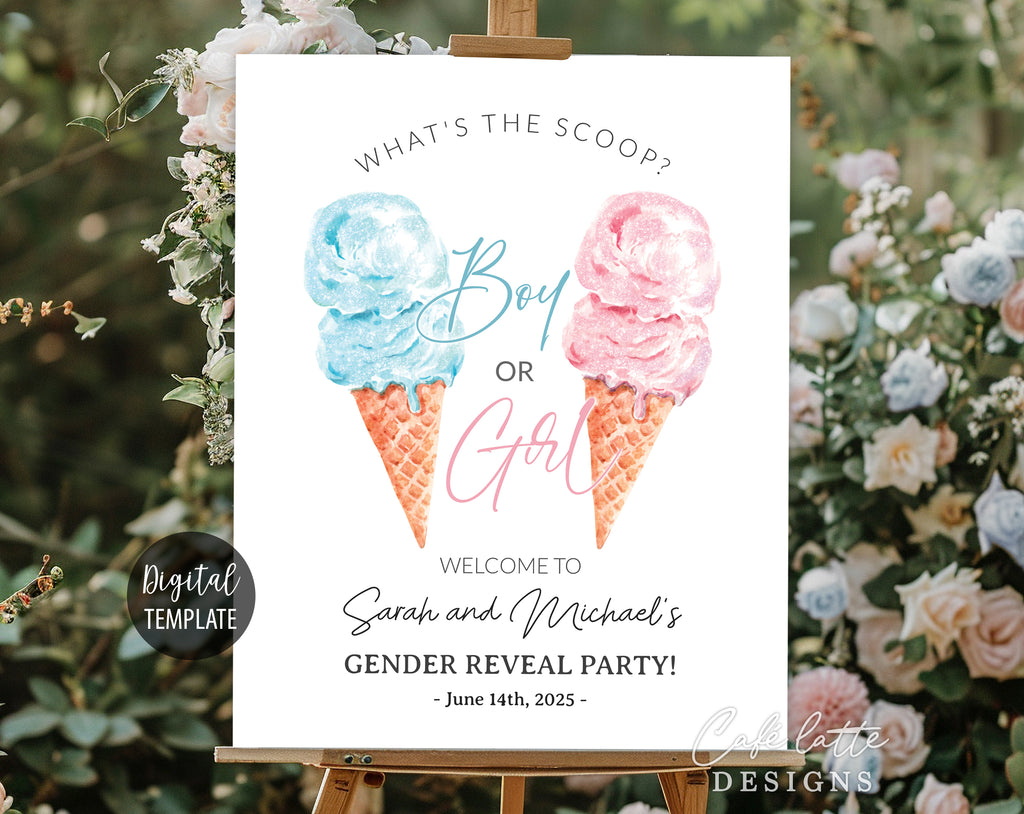 Gender Reveal Digital Invitation and Poster Sign Template Set Combo, Whats The Scoop Boy or Girl Gender Reveal Invite and Welcome Sign, Blue and Pink Glitter Ice Cream Cones Summer Invitation and poster welcome sign DIY instant download