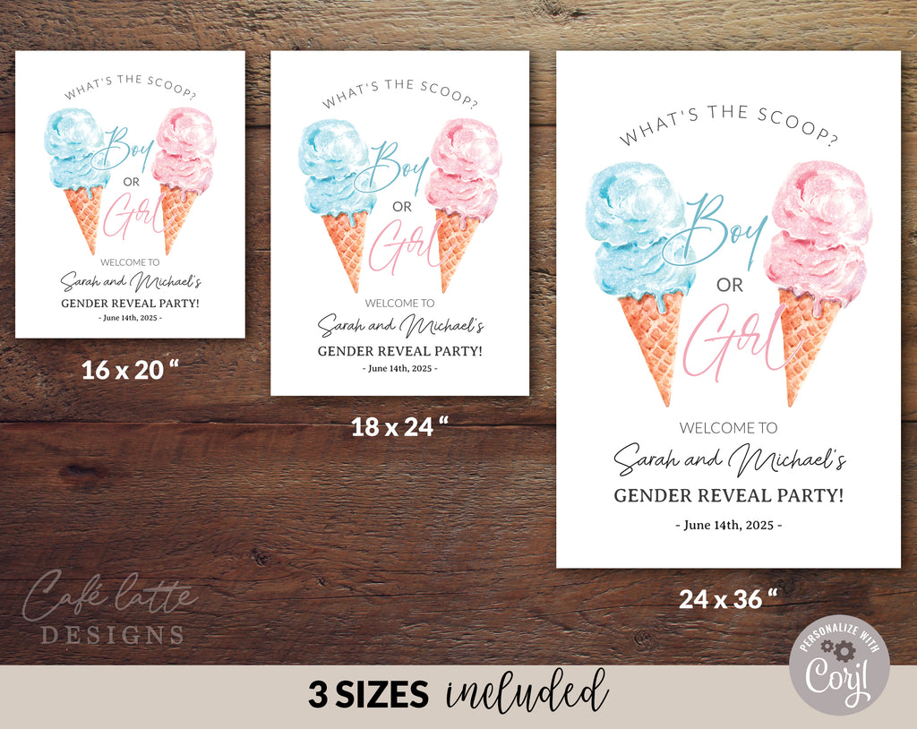 Gender Reveal Digital Invitation and Poster Sign Template Set Combo, Whats The Scoop Boy or Girl Gender Reveal Invite and Welcome Sign, Blue and Pink Glitter Ice Cream Cones Summer Invitation and poster welcome sign DIY instant download
