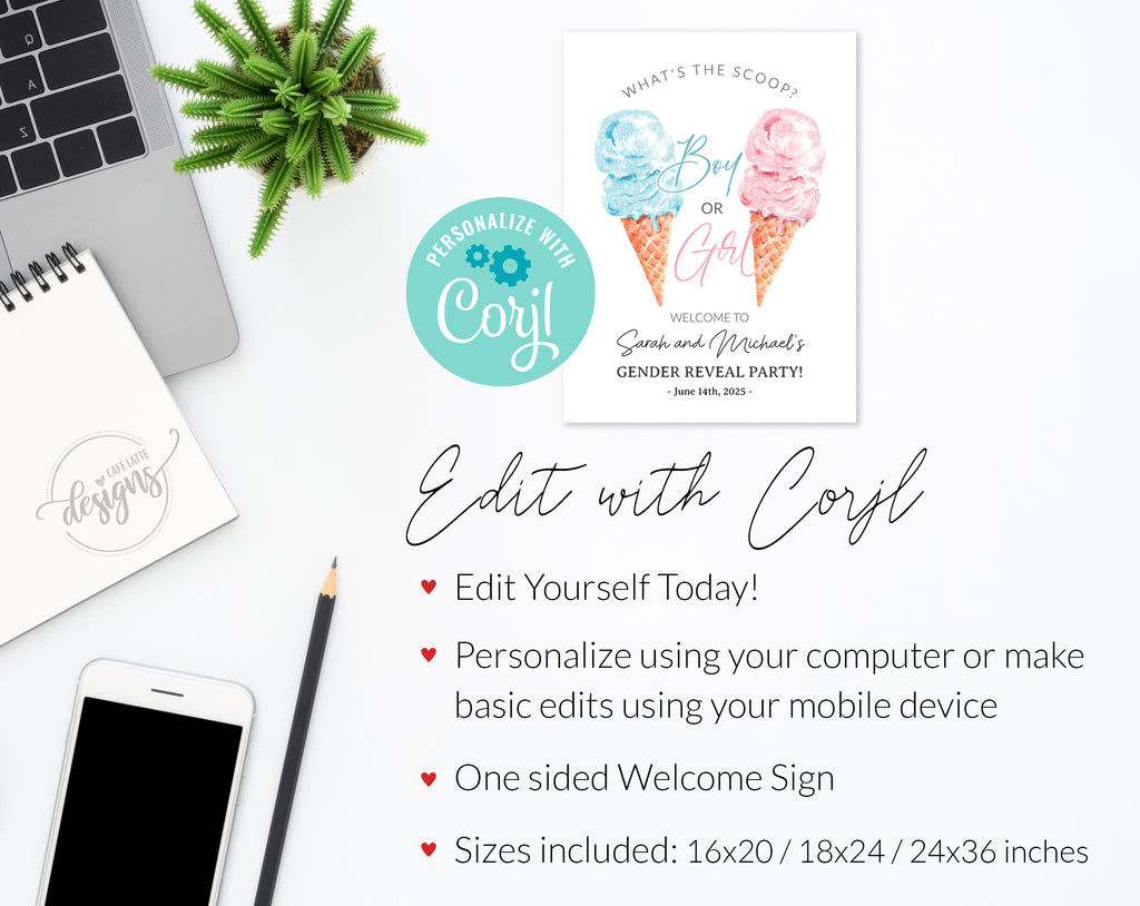 Gender Reveal Digital Invitation and Poster Sign Template Set Combo, Whats The Scoop Boy or Girl Gender Reveal Invite and Welcome Sign, Blue and Pink Glitter Ice Cream Cones Summer Invitation and poster welcome sign DIY instant download