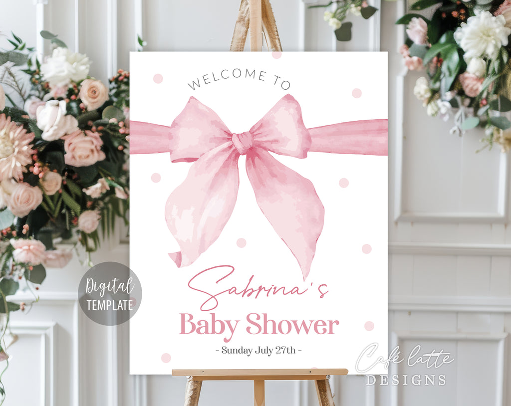 Girl Baby Shower Welcome Sign Editable Template, Baby Girl Pink Bow entrance Party Welcome Sign Poster Printable, Pink watercolor bow welcome sign digital template Corjl DIY, Pink polk a dots baby shower entrance poster instant download