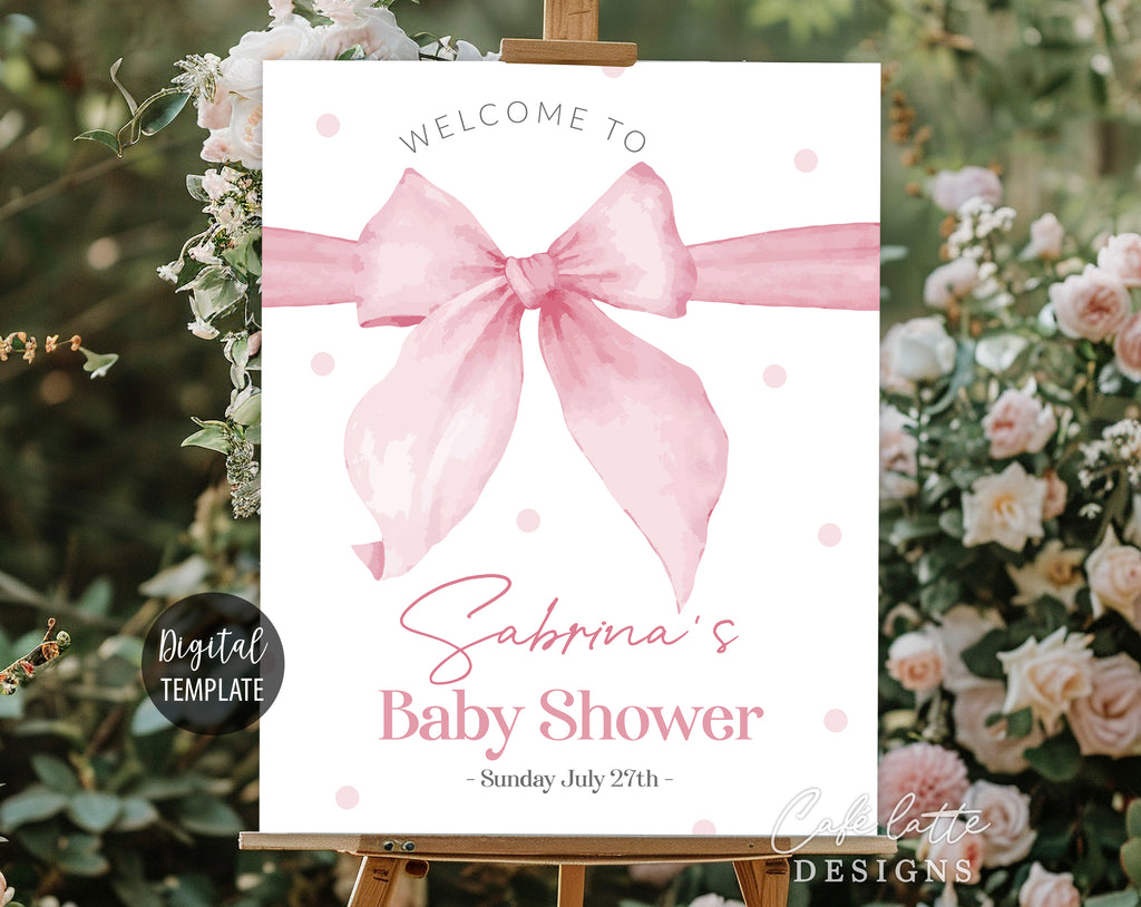 Girl Baby Shower Welcome Sign Editable Template, Baby Girl Pink Bow entrance Party Welcome Sign Poster Printable, Pink watercolor bow welcome sign digital template Corjl DIY, Pink polk a dots baby shower entrance poster instant download