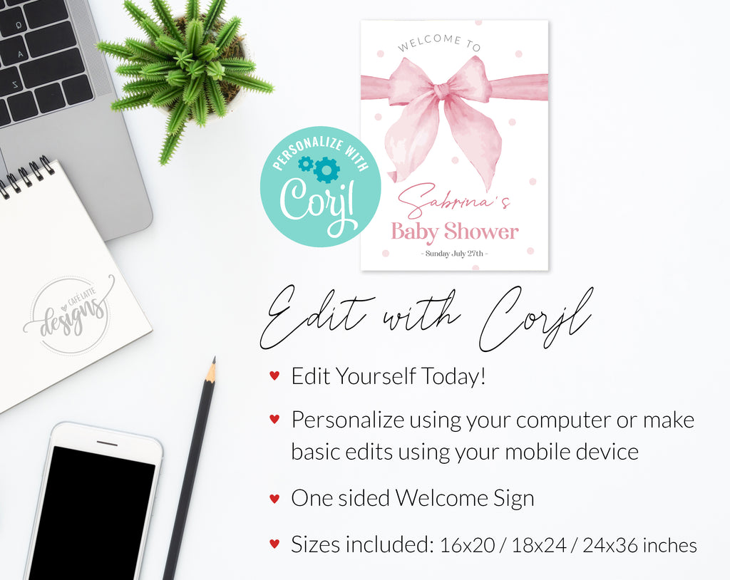 Girl Baby Shower Welcome Sign Editable Template, Baby Girl Pink Bow entrance Party Welcome Sign Poster Printable, Pink watercolor bow welcome sign digital template Corjl DIY, Pink polk a dots baby shower entrance poster instant download