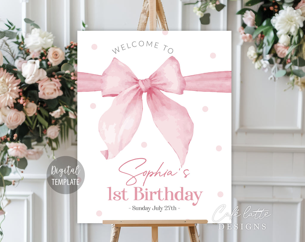 Girl birthday Welcome Sign Editable Template, Baby Girl Pink Bow entrance Party Welcome Sign Poster Printable, Pink watercolor bow welcome sign digital template Corjl DIY, Pink polk a dots girl first second third fourth birthday entrance poster instant download