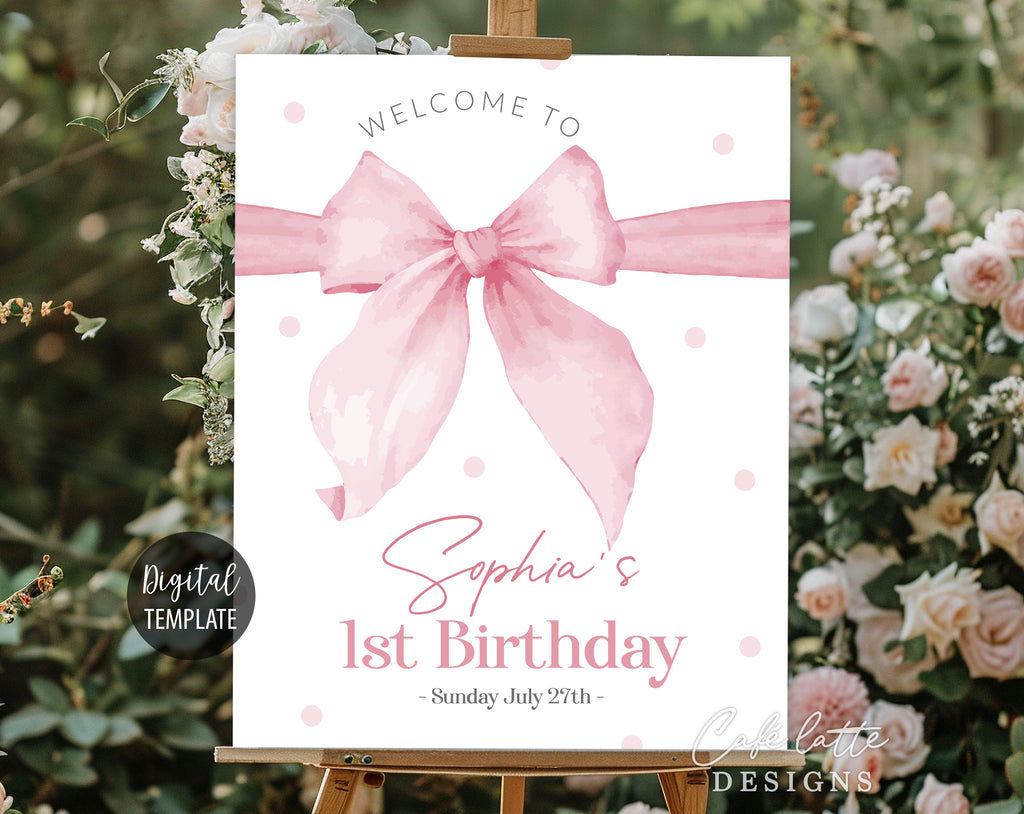 Girl birthday Welcome Sign Editable Template, Baby Girl Pink Bow entrance Party Welcome Sign Poster Printable, Pink watercolor bow welcome sign digital template Corjl DIY, Pink polk a dots girl first second third fourth birthday entrance poster instant download