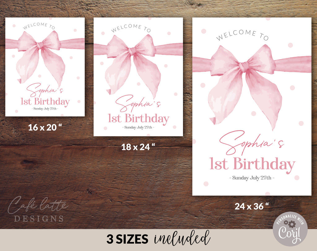 Girl birthday Welcome Sign Editable Template, Baby Girl Pink Bow entrance Party Welcome Sign Poster Printable, Pink watercolor bow welcome sign digital template Corjl DIY, Pink polk a dots girl first second third fourth birthday entrance poster instant download