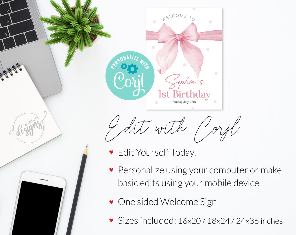 Girl birthday Welcome Sign Editable Template, Baby Girl Pink Bow entrance Party Welcome Sign Poster Printable, Pink watercolor bow welcome sign digital template Corjl DIY, Pink polk a dots girl first second third fourth birthday entrance poster instant download
