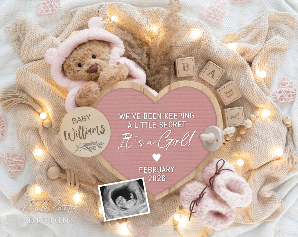 Girl gender reveal pregnancy announcement digital, Girl gender reveal announcement husband, Its a girl template, Gender reveal grandparents, Pregnancy reveal, Gender reveal gift, Girl bear pampas heart board pink, We have been keeping a little secret its a girl