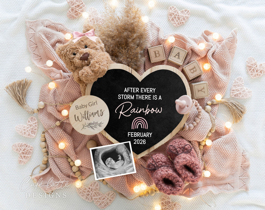 Girl Rainbow baby pregnancy announcement digital reveal for social media, Rainbow baby girl gender reveal announcement digital image with bear heart chalkboard and pink rainbow, After every storm there is a rainbow, Its a girl Gender reveal rainbow baby IVF pregnancy editable template DIY, Boho rainbow