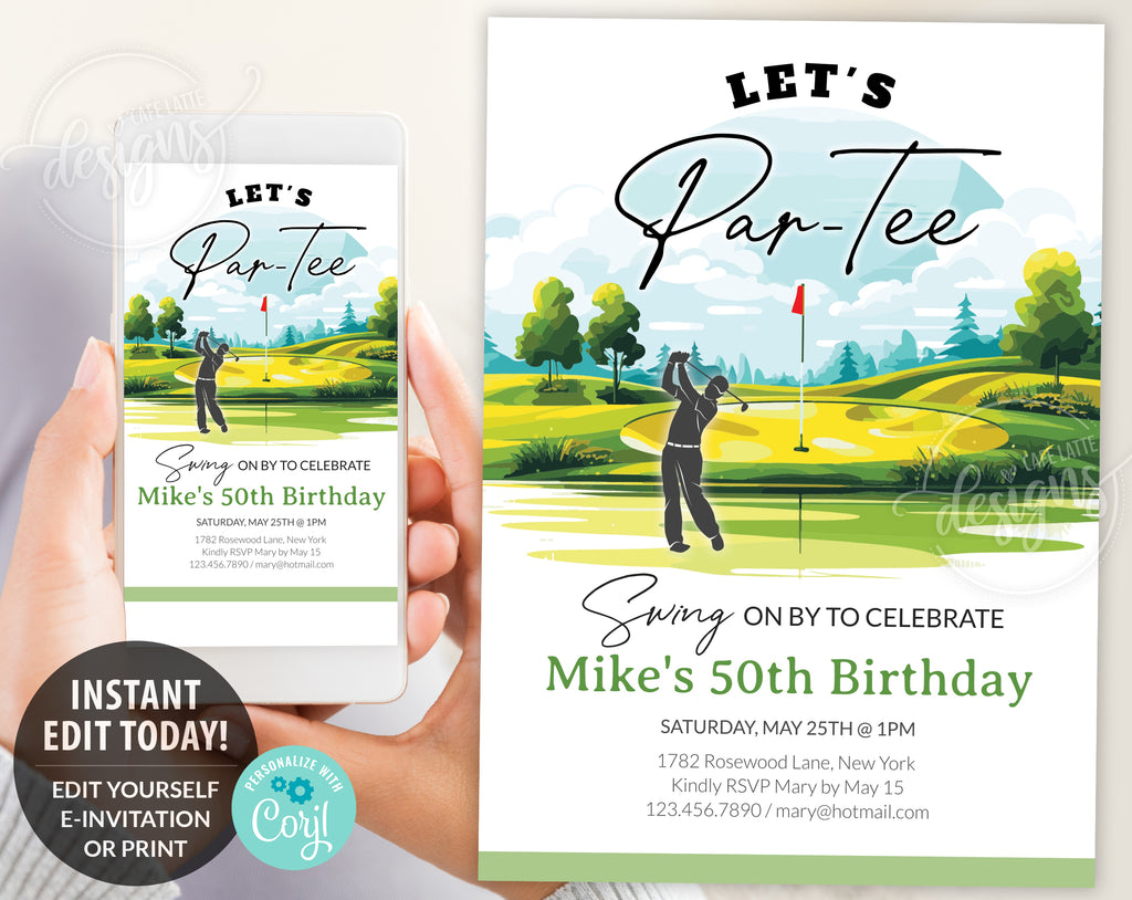 Golf birthday invitation editable template, Printable golf birthday invitation, Personalized custom invite for teen boys men, Lets par tee invitation card, Digital birthday invitation email text message, Golfer birthday e invite, Hole in one golf