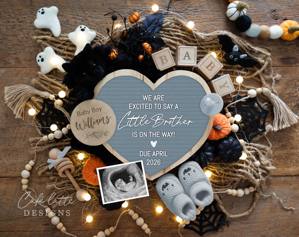 Halloween little brother boy pregnancy announcement digital reveal for social media, Halloween little brother baby boy announcement digital image with pumpkins, baby booties and blue heart letter board, We are excited to say a little brother is on the way, Its a boy gender reveal digital announcement, October baby boy, Halloween bat ghosts pumpkins Pregnancy reveal instant download DIY