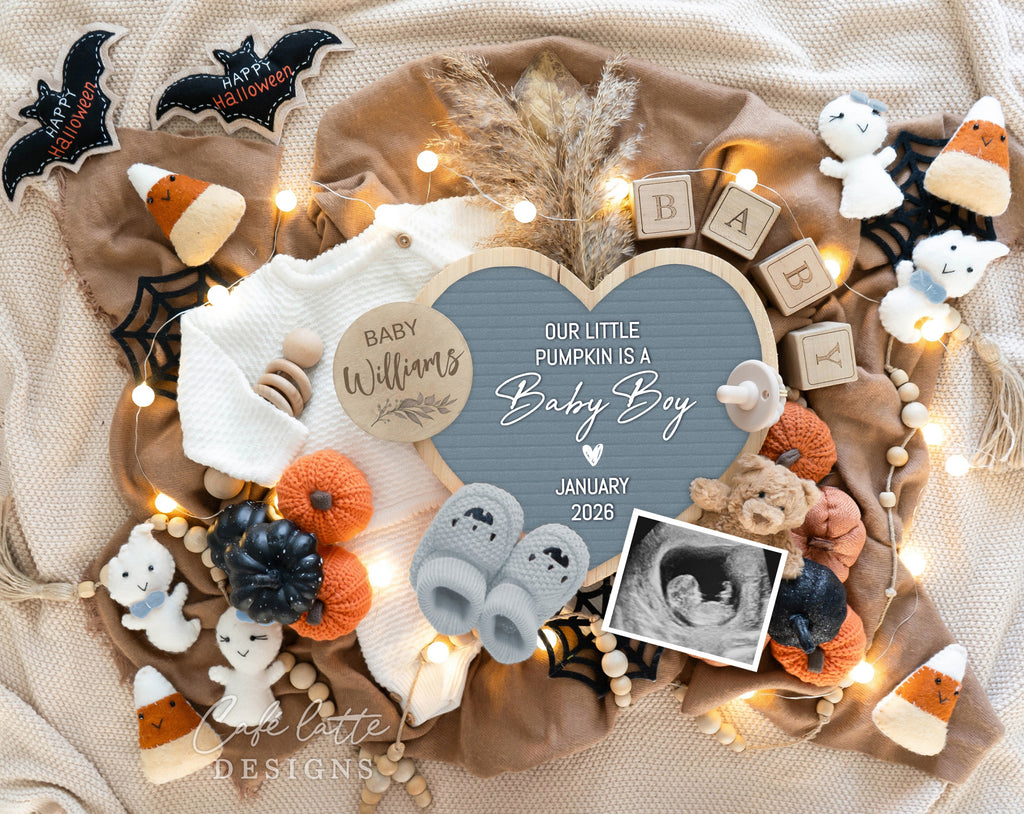 Halloween boy pregnancy announcement digital reveal for social media, Halloween baby boy announcement digital image with candy corn, little ghosts, pumpkins, baby booties and blue heart letter board, Our little pumpkin is a baby boy, Its a boy gender reveal digital announcement, October baby boy, Halloween bat ghosts pumpkins Pregnancy reveal instant download DIY