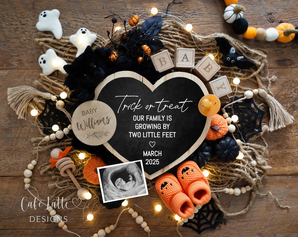 Halloween pregnancy announcement digital reveal for social media, Halloween baby announcement digital image with pumpkins, baby booties and heart chalkboard, Trick or treat our family is growing by two little feet