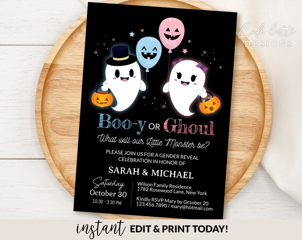 Halloween gender reveal invitation editable template, Halloween boy or girl gender reveal invite printable, October baby Booy or Ghoul invitation, Little ghosts Halloween baby gender reveal invite, Pink or blue balloons