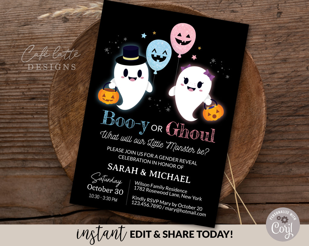 Halloween gender reveal invitation editable template, Halloween boy or girl gender reveal invite printable, October baby Booy or Ghoul invitation, Little ghosts Halloween baby gender reveal invite, Pink or blue balloons