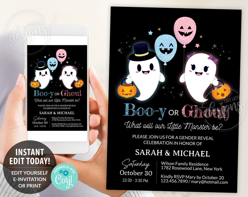 Halloween gender reveal invitation editable template, Halloween boy or girl gender reveal invite printable, October baby Booy or Ghoul invitation, Little ghosts Halloween baby gender reveal invite, Pink or blue balloons