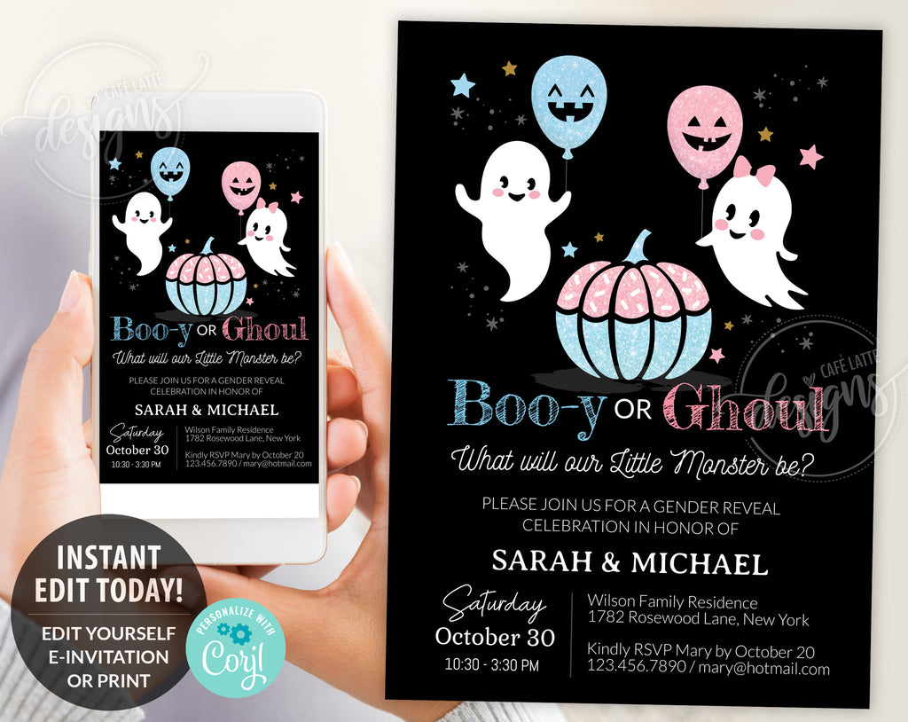 Halloween gender reveal invitation editable template, Halloween boy or girl gender reveal invite printable, October baby Booy or Ghoul invitation, Little ghosts Halloween baby gender reveal invite, Pink or blue balloons