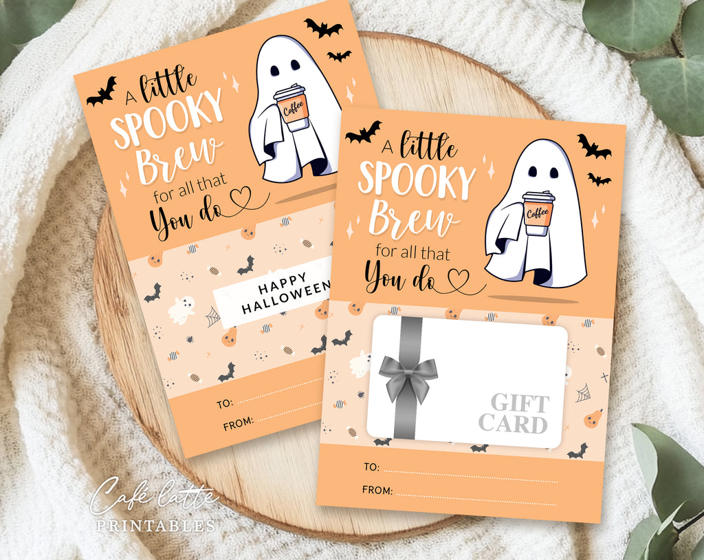 Halloween gift card holder printable, A little spooky brew for all that you do, Halloween teacher coffee gift card coupon, Halloween teacher appreciation Gift ideas for school and preschool, Thank you gift card holder, Coffee cup ghost bats Halloween gift card holder digital instant download DIY