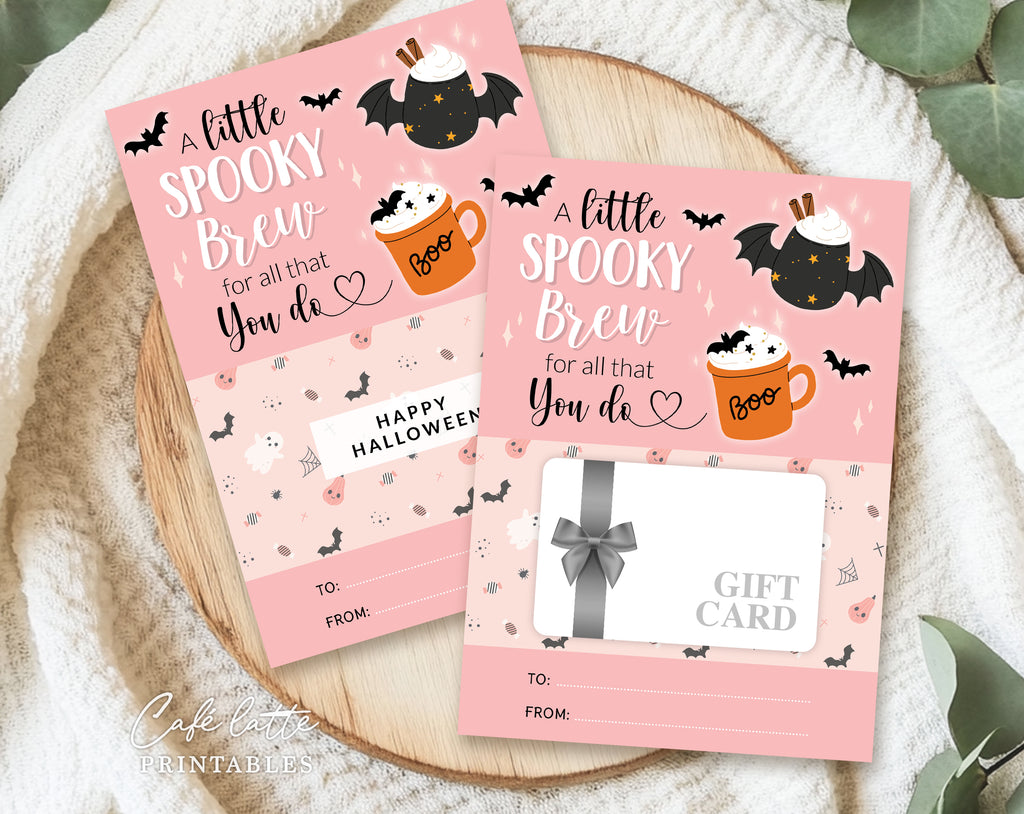 Halloween pink coffee gift card holder printable, A little spooky brew for all that you do, Halloween women woman teacher coffee gift card coupon, Halloween teacher appreciation Gift ideas for school and preschool, Thank you gift card holder, Coffee cup bats pink Halloween gift card holder digital instant download DIY