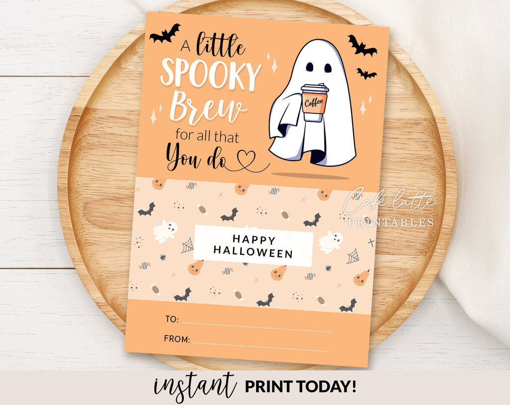 Halloween gift card holder printable, A little spooky brew for all that you do, Halloween teacher coffee gift card coupon, Halloween teacher appreciation Gift ideas for school and preschool, Thank you gift card holder, Coffee cup ghost bats Halloween gift card holder digital instant download DIY