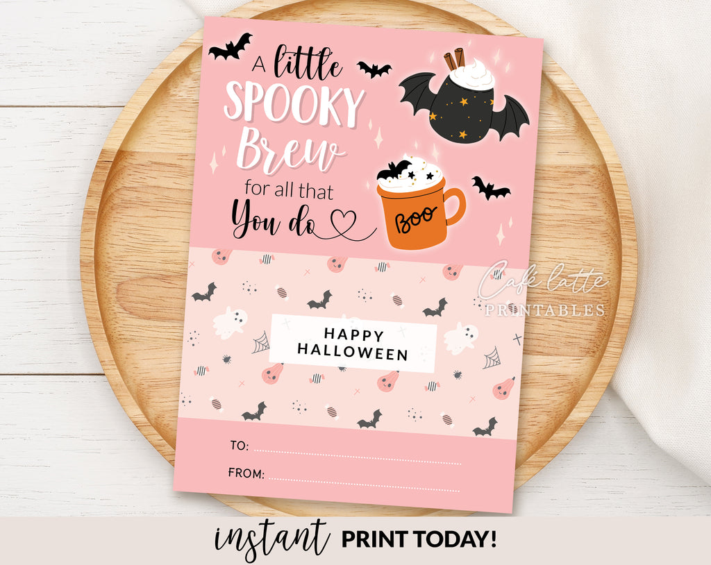 Halloween pink coffee gift card holder printable, A little spooky brew for all that you do, Halloween women woman teacher coffee gift card coupon, Halloween teacher appreciation Gift ideas for school and preschool, Thank you gift card holder, Coffee cup bats pink Halloween gift card holder digital instant download DIY