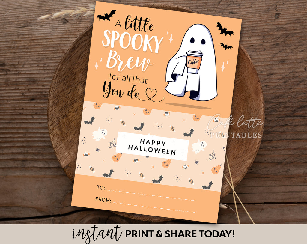 Halloween gift card holder printable, A little spooky brew for all that you do, Halloween teacher coffee gift card coupon, Halloween teacher appreciation Gift ideas for school and preschool, Thank you gift card holder, Coffee cup ghost bats Halloween gift card holder digital instant download DIY