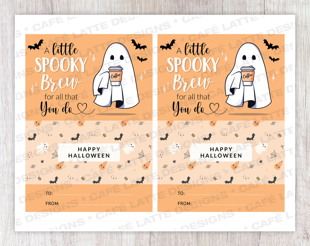 Halloween gift card holder printable, A little spooky brew for all that you do, Halloween teacher coffee gift card coupon, Halloween teacher appreciation Gift ideas for school and preschool, Thank you gift card holder, Coffee cup ghost bats Halloween gift card holder digital instant download DIY