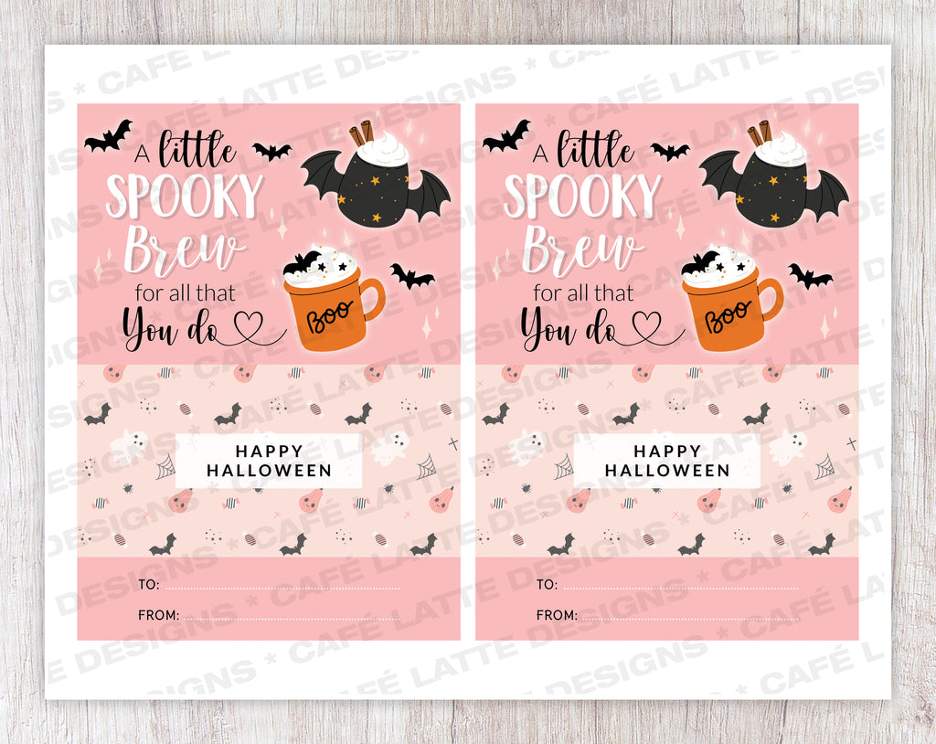 Halloween pink coffee gift card holder printable, A little spooky brew for all that you do, Halloween women woman teacher coffee gift card coupon, Halloween teacher appreciation Gift ideas for school and preschool, Thank you gift card holder, Coffee cup bats pink Halloween gift card holder digital instant download DIY