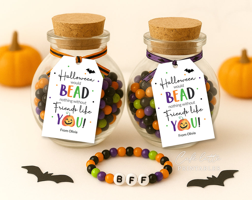 Halloween gift tags, Happy Halloween printable gift tags, Happy Halloween labels editable template gift tag DIY, Custom gift labels for Halloween beads bracelet bags, Kids teacher school gift tags for gifting bracelet or necklace beads mason glass jars or bags, Cheap Halloween bag of beads for best friends BFF gift tags instant download, Halloween mason jar no candy non candy gift tags, Original unique no candy Halloween gift for kids, BFF bracelets in my spooky era