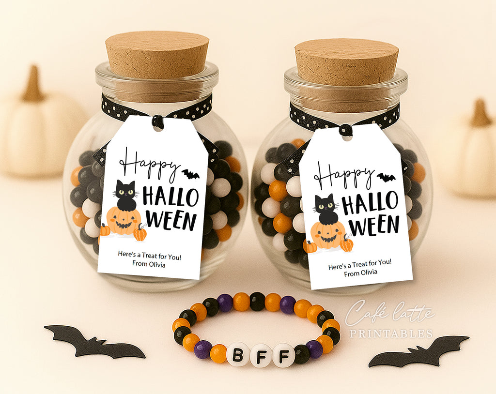 Halloween gift tags, Happy Halloween printable gift tags, Happy Halloween black cat and pumpkin labels editable template gift tag DIY, Custom gift labels for Halloween beads bracelet bags, Kids teacher school gift tags for gifting bracelet or necklace beads mason jars or bags, Cheap Halloween bag of beads for best friends BFF gift tags instant download, Halloween mason jar no candy non candy gift tags, Original unique no candy Halloween gift for kids, BFF bracelets in my spooky era