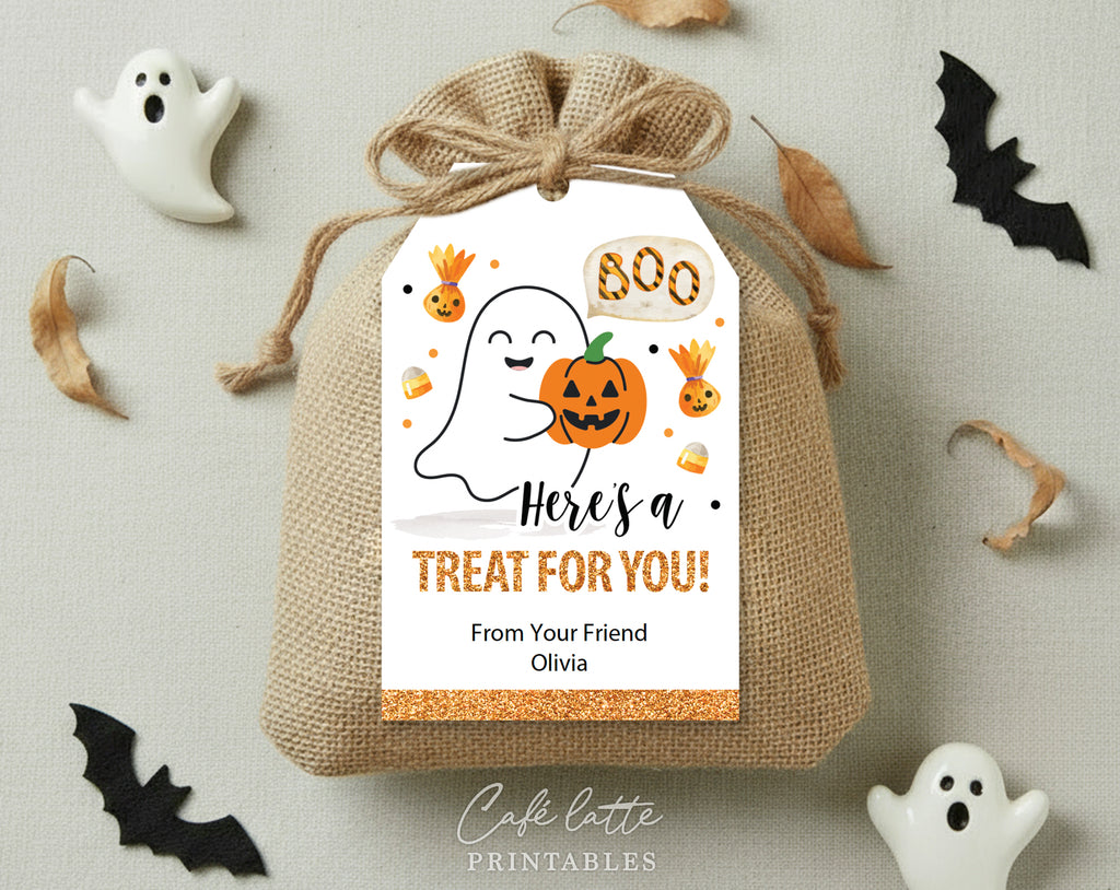 Halloween gift tags, Halloween printable gift tags, Happy Halloween labels editable template gift tag DIY, Custom gift labels for Halloween candy bags, Kids teacher school gift tags with ghost and pumpkin, Cheap Halloween gift tags instant download, Boo here is a treat for you gift tags