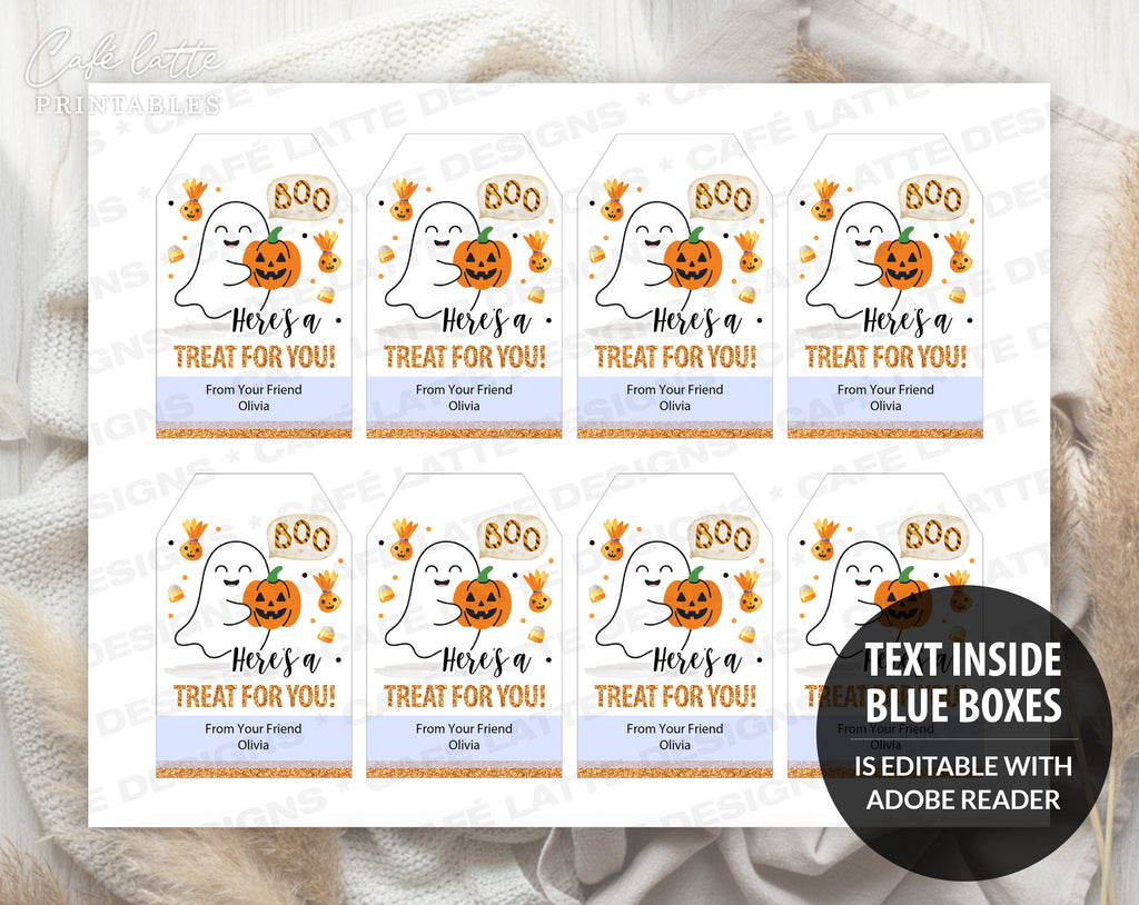 Halloween gift tags, Halloween printable gift tags, Happy Halloween labels editable template gift tag DIY, Custom gift labels for Halloween candy bags, Kids teacher school gift tags with ghost and pumpkin, Cheap Halloween gift tags instant download, Boo here is a treat for you gift tags
