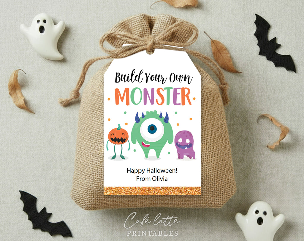 Halloween gift tags, Halloween printable gift tags, Build your own monster Happy Halloween labels editable template gift tag DIY, Custom gift labels for Halloween build your own monster bags, Kids teacher school gift tags with cute little monsters, Cheap Halloween gift tags instant download