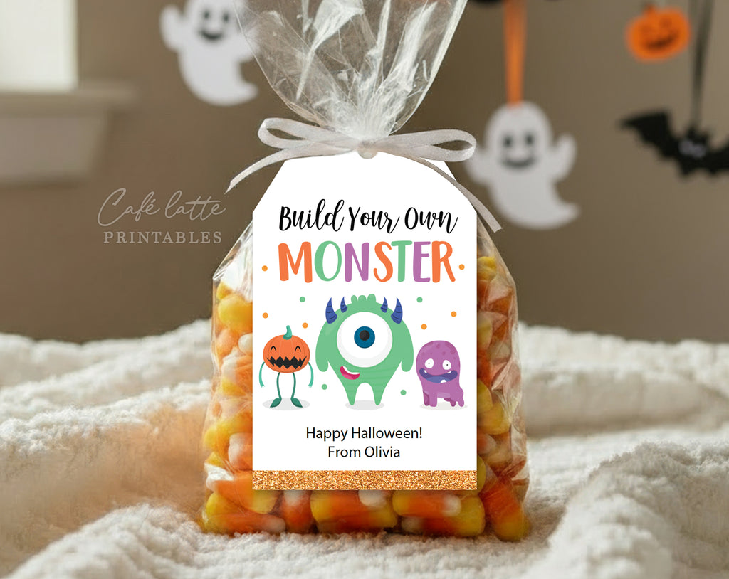 Halloween gift tags, Halloween printable gift tags, Build your own monster Happy Halloween labels editable template gift tag DIY, Custom gift labels for Halloween build your own monster bags, Kids teacher school gift tags with cute little monsters, Cheap Halloween gift tags instant download