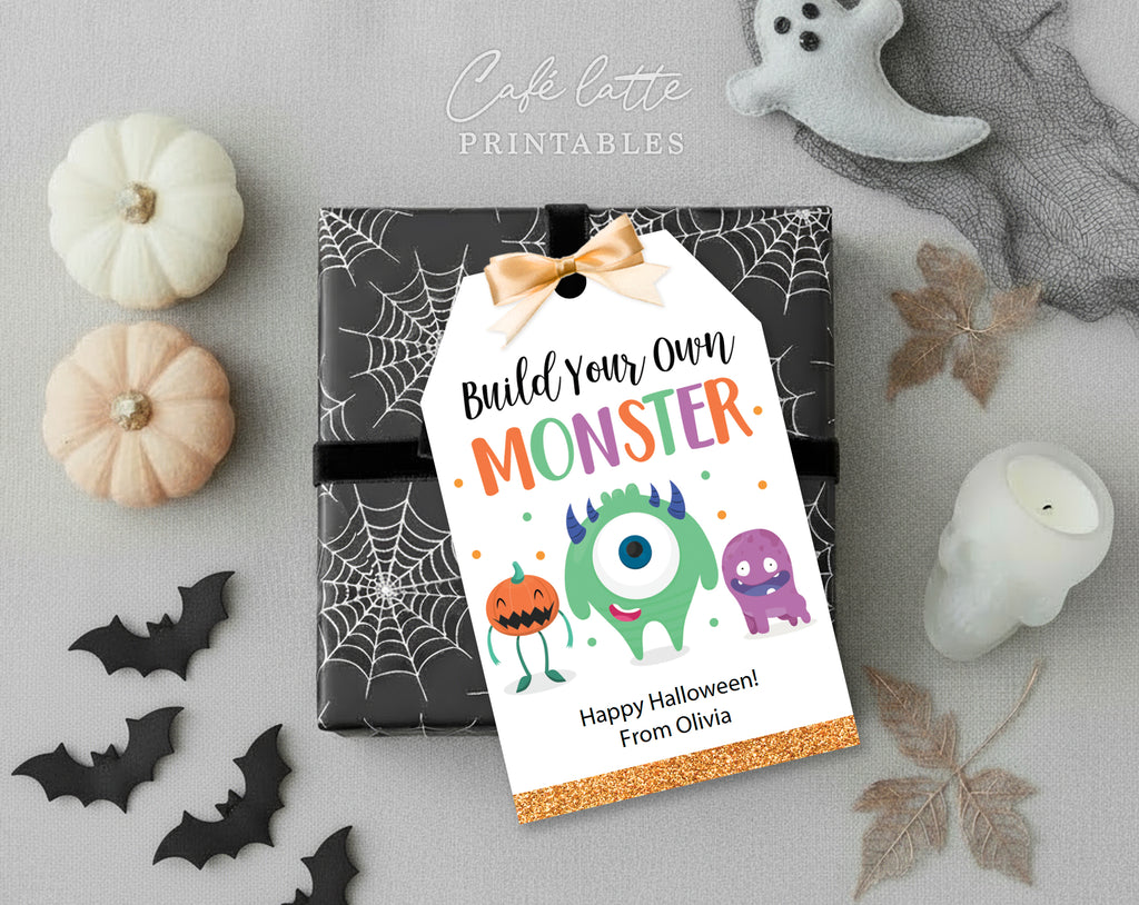 Halloween gift tags, Halloween printable gift tags, Build your own monster Happy Halloween labels editable template gift tag DIY, Custom gift labels for Halloween build your own monster bags, Kids teacher school gift tags with cute little monsters, Cheap Halloween gift tags instant download
