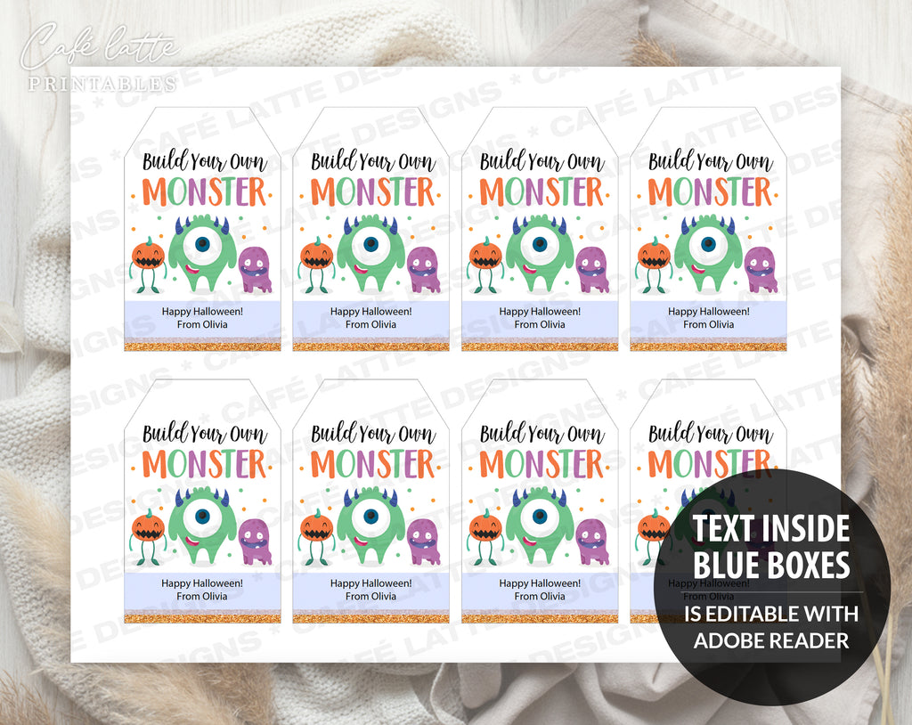 Halloween gift tags, Halloween printable gift tags, Build your own monster Happy Halloween labels editable template gift tag DIY, Custom gift labels for Halloween build your own monster bags, Kids teacher school gift tags with cute little monsters, Cheap Halloween gift tags instant download