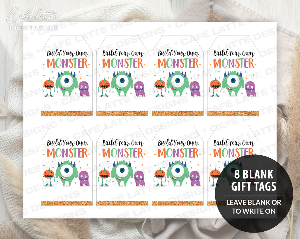 Halloween gift tags, Halloween printable gift tags, Build your own monster Happy Halloween labels editable template gift tag DIY, Custom gift labels for Halloween build your own monster bags, Kids teacher school gift tags with cute little monsters, Cheap Halloween gift tags instant download